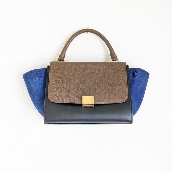 CELINE Blue/Black/Brown Leather Suede Trapeze Medium Handbag Shoulder Bag - Picture 1 of 16